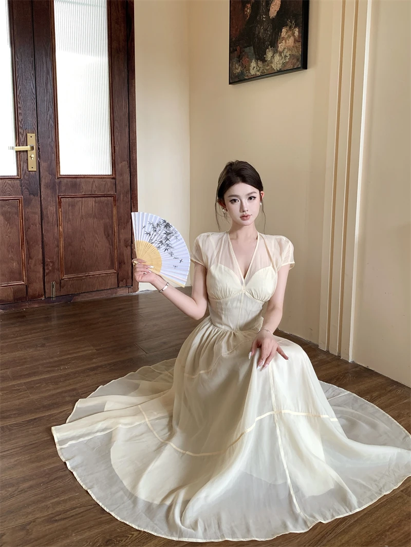 Elegant Long Dresses for Women V-neck A-line Birthday Party Dress French Casual High Waist Summer New Prom Retro Vestidos Mujer