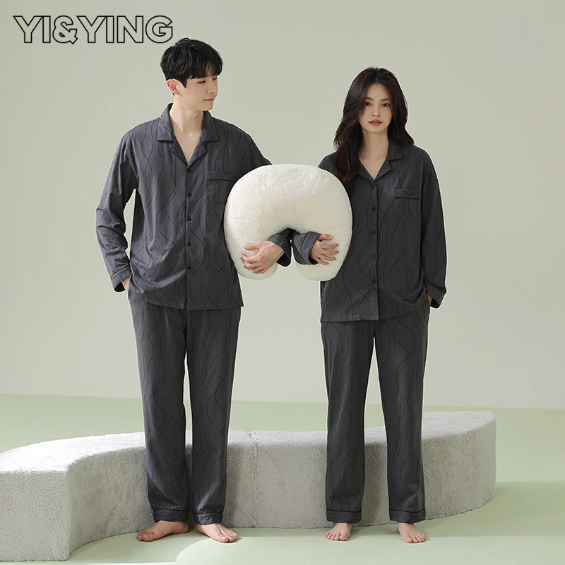 

[YI&YING] Spring and Autumn New Couple Pajamas Pure Cotton Long Sleeve Cardigan Men's and Women's Home Furnishing WAZC188