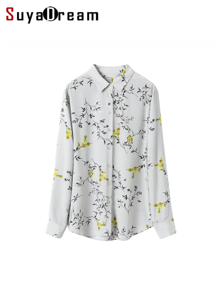 

SuyaDream Woman Floral Shirts 100%Mulberry Silk Turn Down Collar Printed Chic Blouses 2023 Spring Summer Grey Top