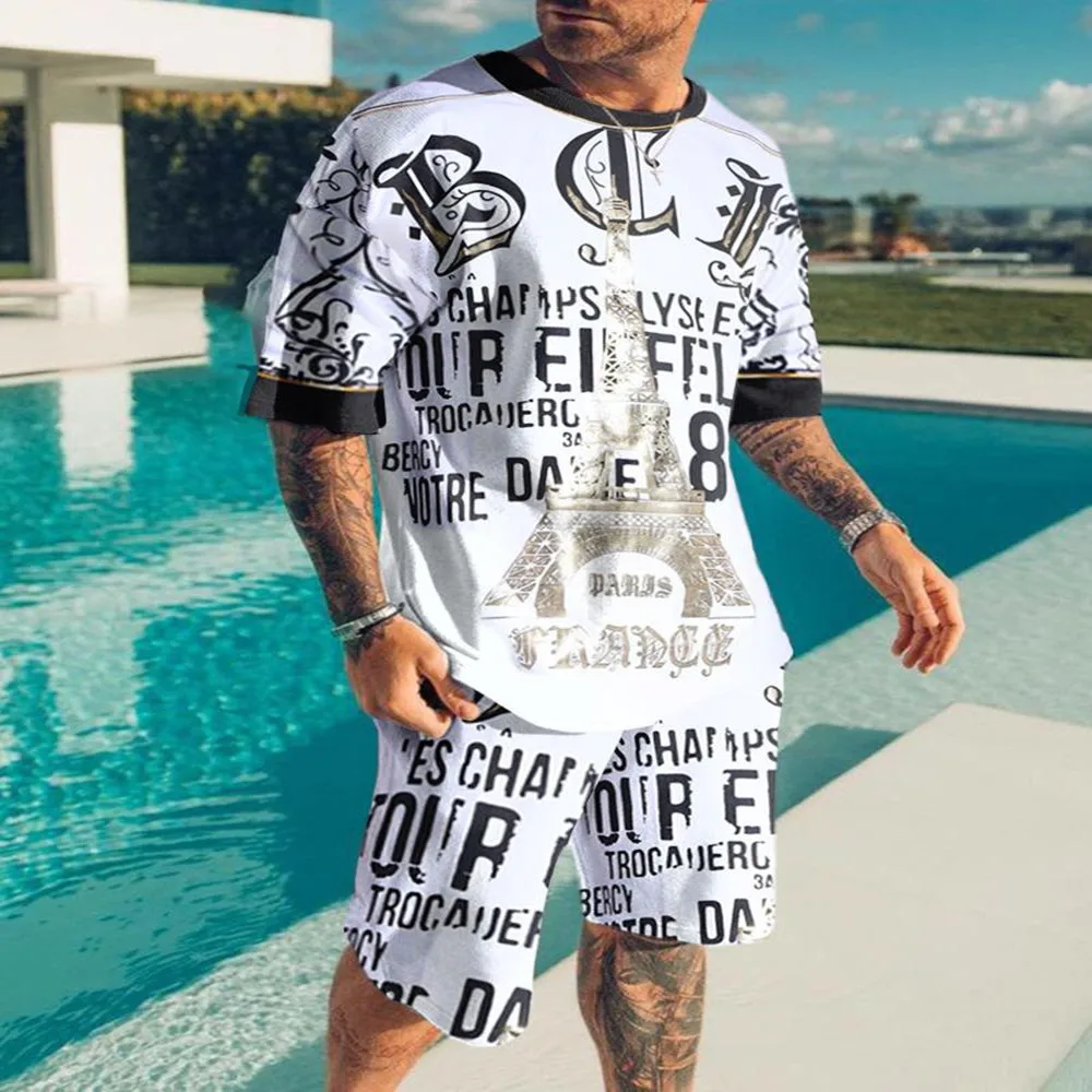 

Clothing For Man Casual Short Sleeves Print T-Shirt+shorts Suits Streetwear Oversize Clothes Tracksuit Fashion Men Sets Summer