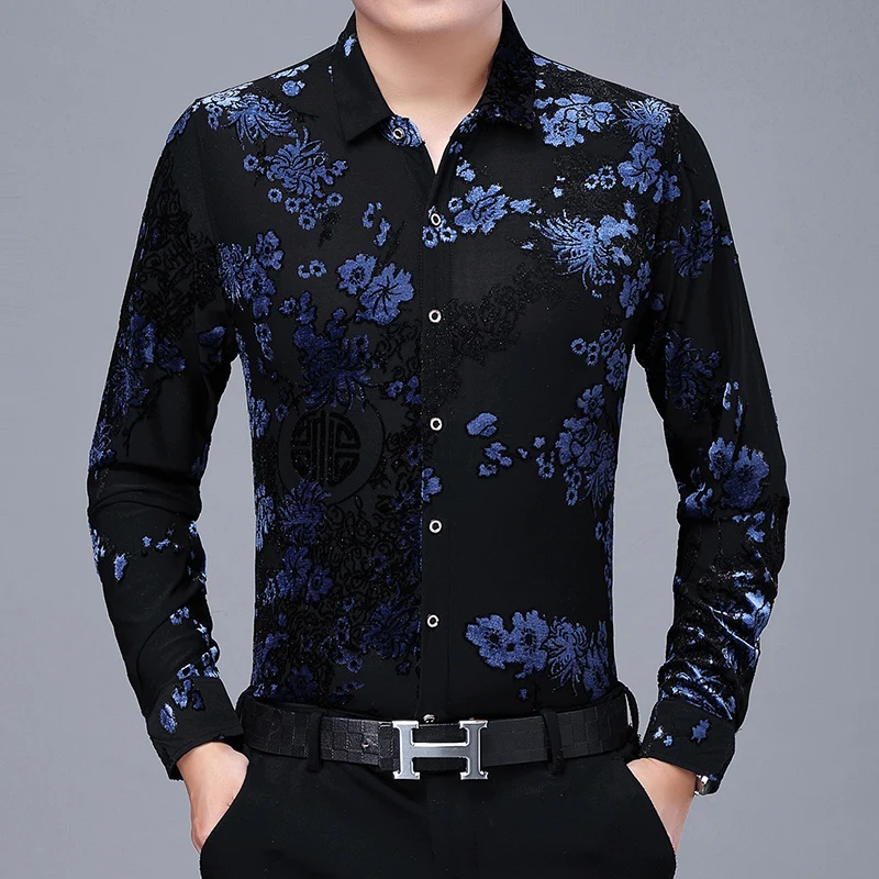 

New Casual Spring Thin Luxury Hollow Flower Shirt Long Sleeve Men's Nightclub Party Shirt Street Men Fashion Social Prom Shirt