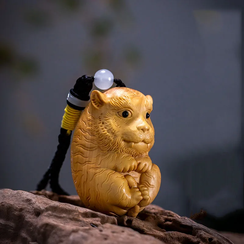 

XS590-6,7 см Скульптура Фэн-шуй из бокса с милым тигром, резьба по дереву, статуя зодиака с животными, коллекционные украшения