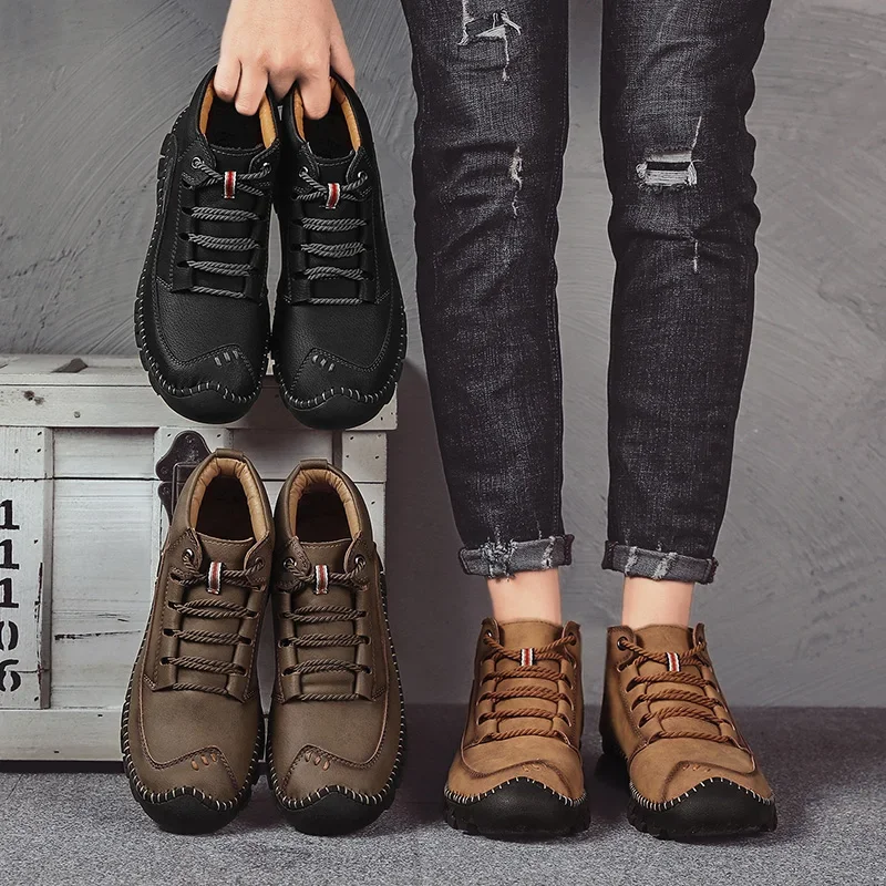 Outdoor Men Casual Men's Ankle Boots British Men Shoes Leather Motorcycle Boots Outdoor Trainers Riding Black