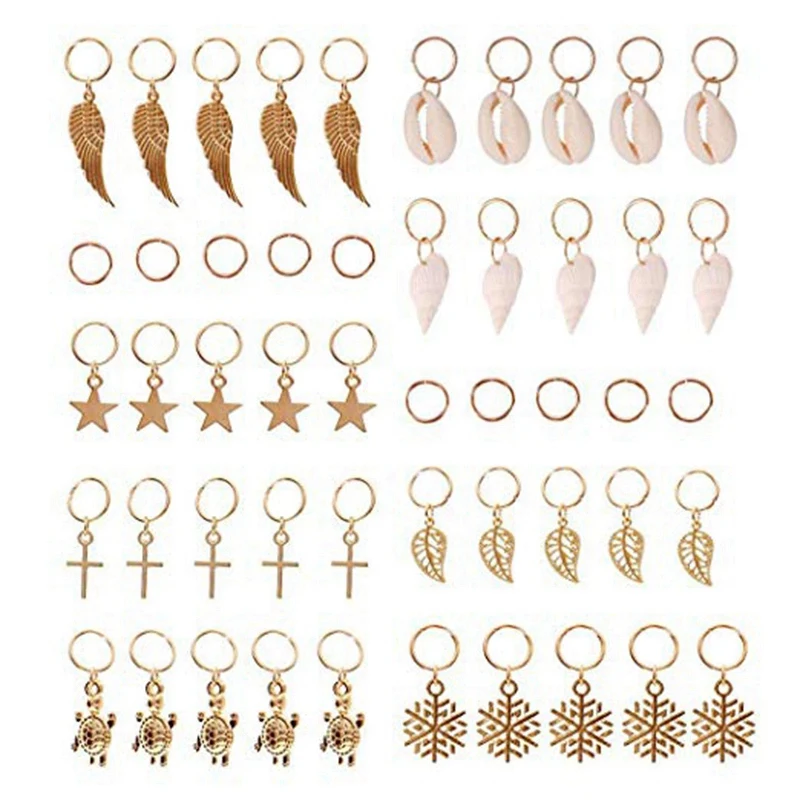 

Hair Braid Rings, 50Pcs Hair Loops Clips Gold Ring Shell Leaves Star Conch Snowflake Pendant Charms Set Hair Clip Headband Acces