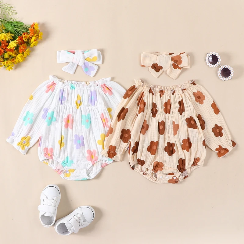 

Off Shoulder Baby Rompers Autumn Spring Flower Print Long Sleeve Jumpsuits with Headband Infant Girls Cute Clothes