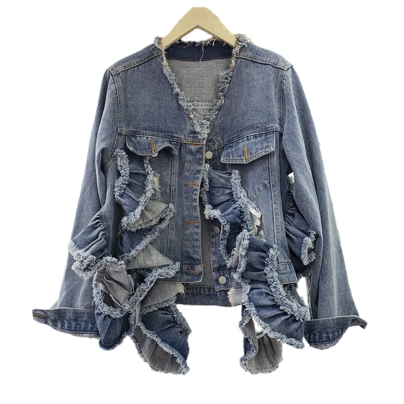 

Vintage Holes Ruffles Denim Jacket Women V Neck Long Sleeve Cowboy Outerwear Korean Loose Casual Short Jeans Jacket Coat Female