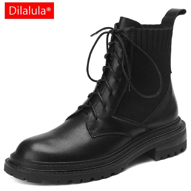 

Dilalula Popular Fashion Women Ankle Boots Working Casual Outdoor Lace-Up Thick Heels Genuine Leather Shoes Woman Autumn Winter