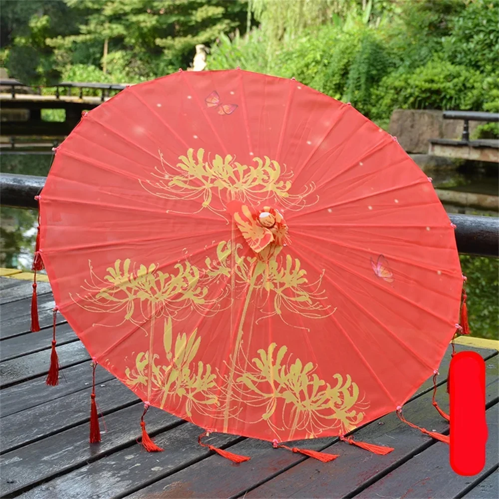 Hanfu Tassel Parasol for Women Silk Cloth Japanese Cherry Blossoms Ancient Dance Decorative Chinese Style Oil Paper Umbrellas
