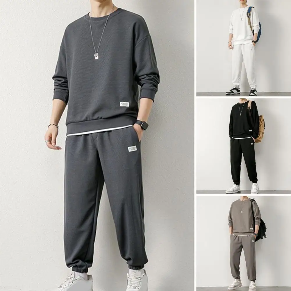 

Round Neck Sweatshirt Pants Set Men's Waffle Texture O-neck Long Sleeve Top Elastic Waist Sweatpants Set Solid Color for Spring