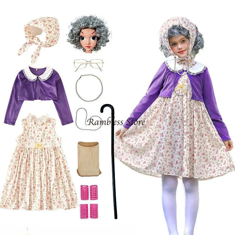 Kids Old Lady Costume For 100 Days Of School Or Halloween – Granny Grandma Dress-Up Outfit For Girls Ages 3-12 (Medium) - View #11