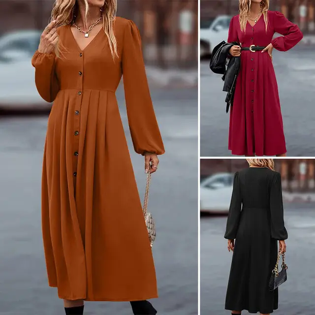 Dames Kerst Jurk Jurk Pak Herfst En Winter Retro Hoge Taille Effen