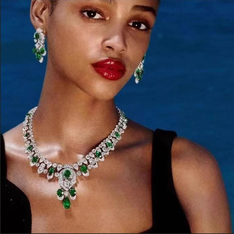 

Vintage Lab Emerald Diamond Jewelry set 14K White Gold Wedding Earrings Chocker Necklace For Women Bridal Engagement Jewelry