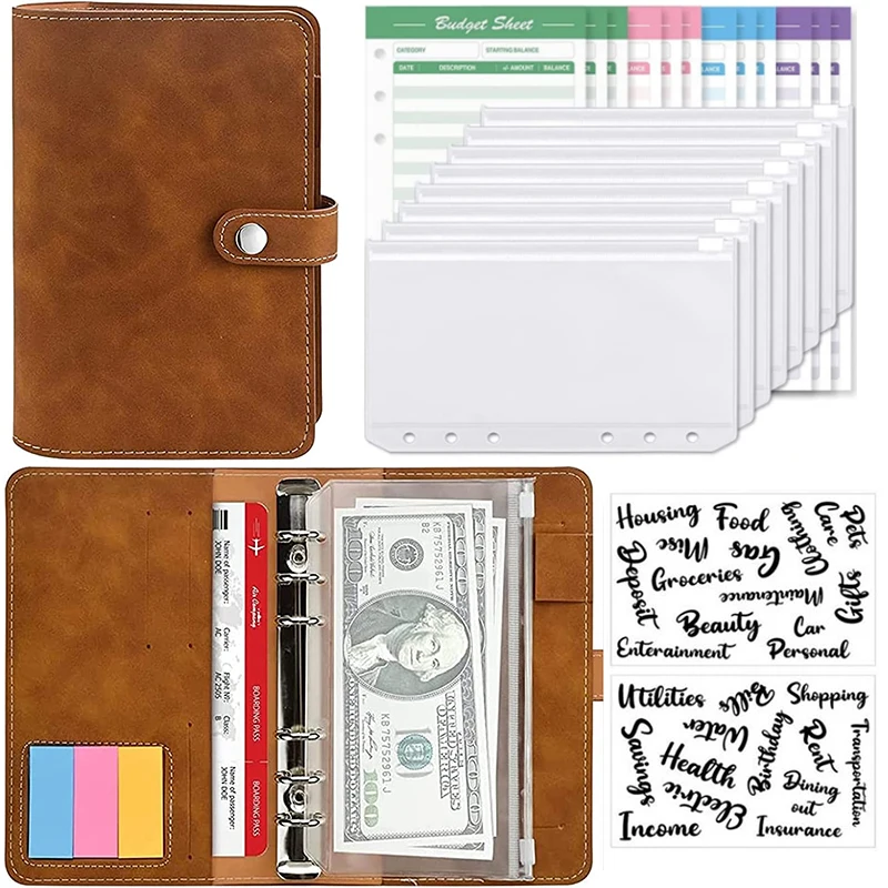 Hot A6 Binder Budget PU Leather Planner Notebook Cash Envelope Organizer System with Clear Zipper Pockets Expense Budget Sheets a6 laser binder budget planner notebook covers folder a6 size 6 hole binder pockets plastic binder zipper money saving envelope