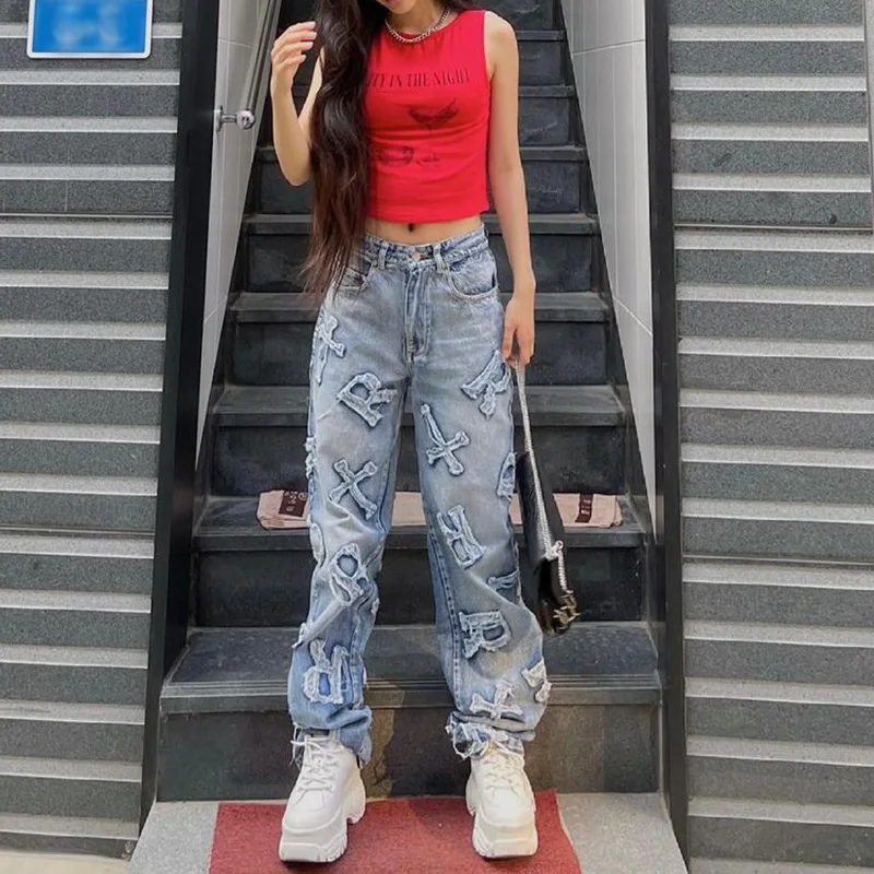Patchwork Women\'s Jeans Y2K Streetwear Baggy Straight Cargo Pants Punk High Waist Wide Leg Denim Trousers 90s Vintage