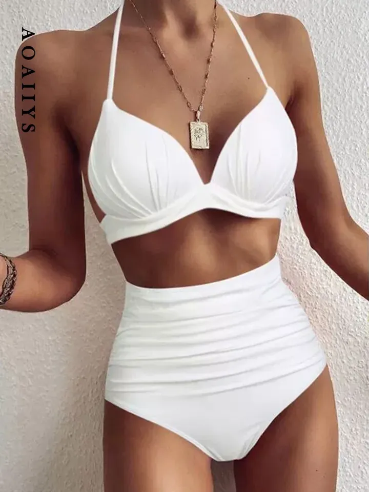 Aoaiiys High Waisted Set Women Sexy Swimsuit Two-Piece Solid Swimwear Backless Summer Fashion Bathing Female Vacation Beachwear