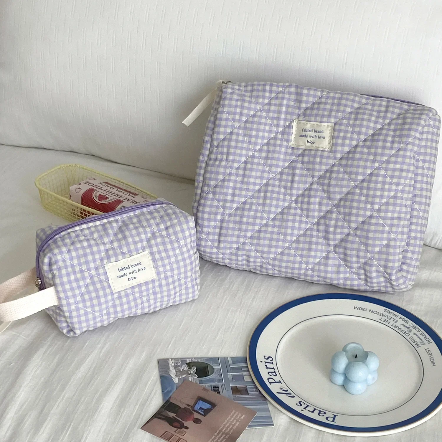 Retro Plaid Ladies Cosmetic Bag Quilted Cotton Women's Travel Storage Bags Portable Female Clutch Purse Large Capacity Handbags 3