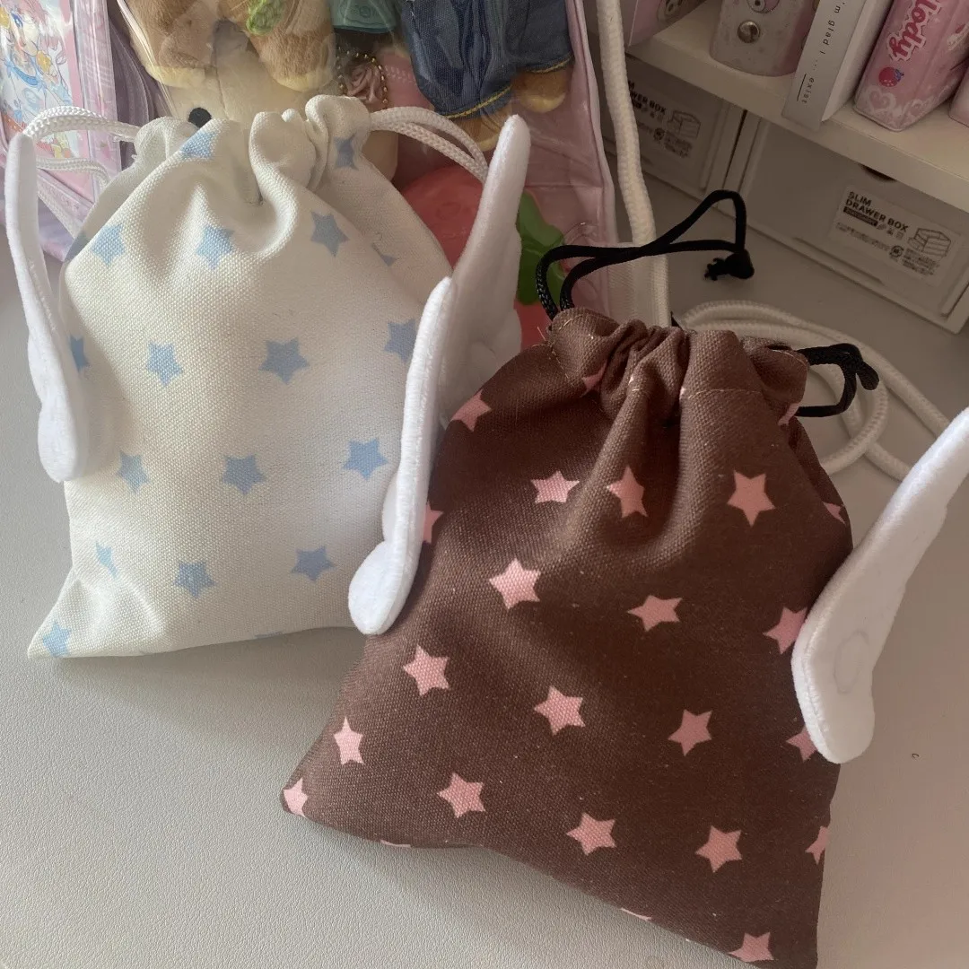 Portable Fashion Bundle Pocket Star Pattern Rope Drawstring Design Cosmetics Bag Canvas Dustproof Storage Bag with Plush Wing
