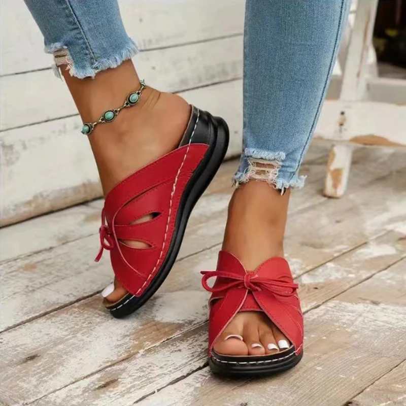 Fashion Summer New Cool Slippers with Bow Knot European and American Swing Line Hollow Open Toe Slippers for Women Plus Size 43 niufuni fashion fairy wind stiletto one word with square head open toe sandals and slippers women summer outer wear size 35 40