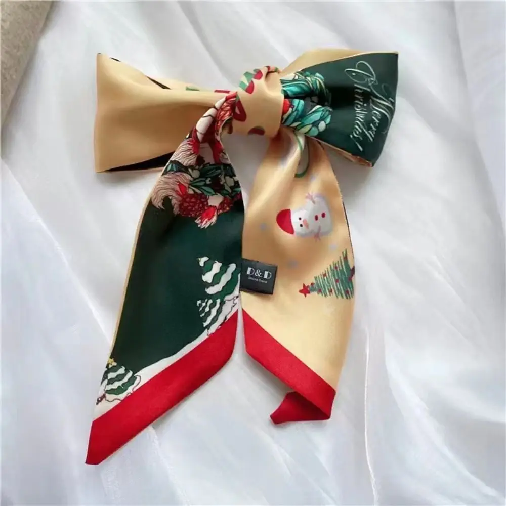

Red Christmas Silk Scarf Retro Santa Claus Ribbon Headband Long Scarf Printed Neckerchief New Year Scarf Female