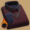 New Autumn Winter Sweaters Men's Velvet Pullover Knitted Bottom Shirts Men's Polo Pullover Wine Red Fleeced Knitwear 1
