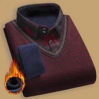 New Autumn Winter Sweaters Men's Velvet Pullover Knitted Bottom Shirts Men's Polo Pullover Wine Red Fleeced Knitwear 1