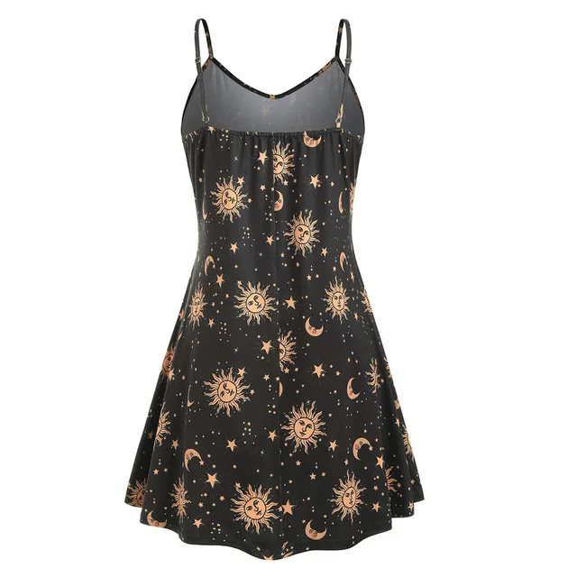 Plus Size Dresses for Women Gothic Sun Moon Print Spaghetti Strap Dress Girls Sleeveless Boho Beach Party Dress Sundress 5XL 4