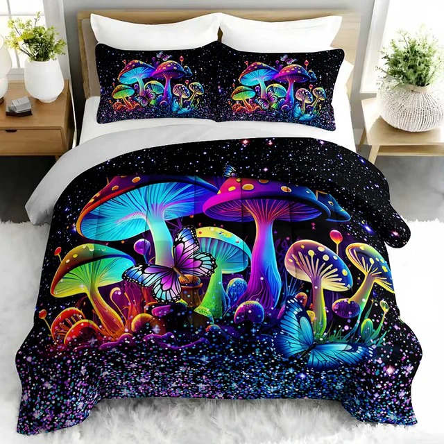 3PC Mushroom & Butterfly Psychedelic Comforter Set Glow-in-the-Dark Duvet with 2 Pillowcases for Bedroom Forest Theme