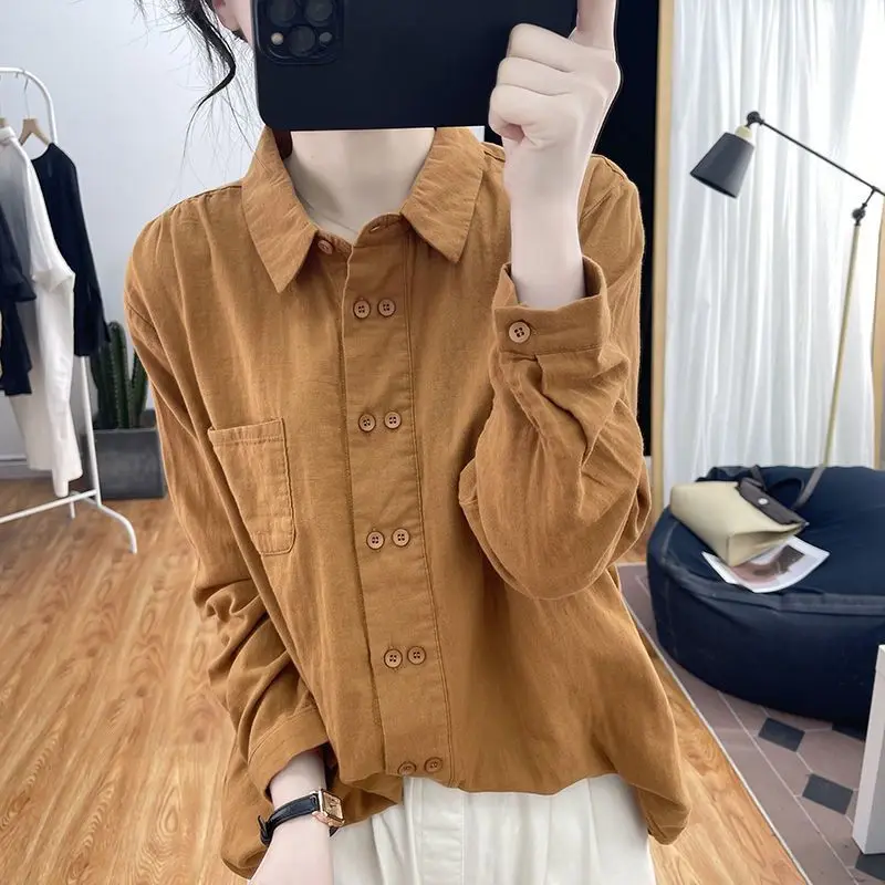Spring Autumn New Solid Color Fashion Long Sleeve Shirt Women High Street Casual Loose Button Cardigan Cotton Hemp Chic Tops