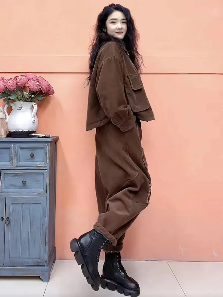 Plush Winter Add Velvet Corduroy 2 Piece Set Thicken Warm Women Casual Coat Conjuntos Trend Baggy Snow Wear Harem Pants Outfits - Image 2