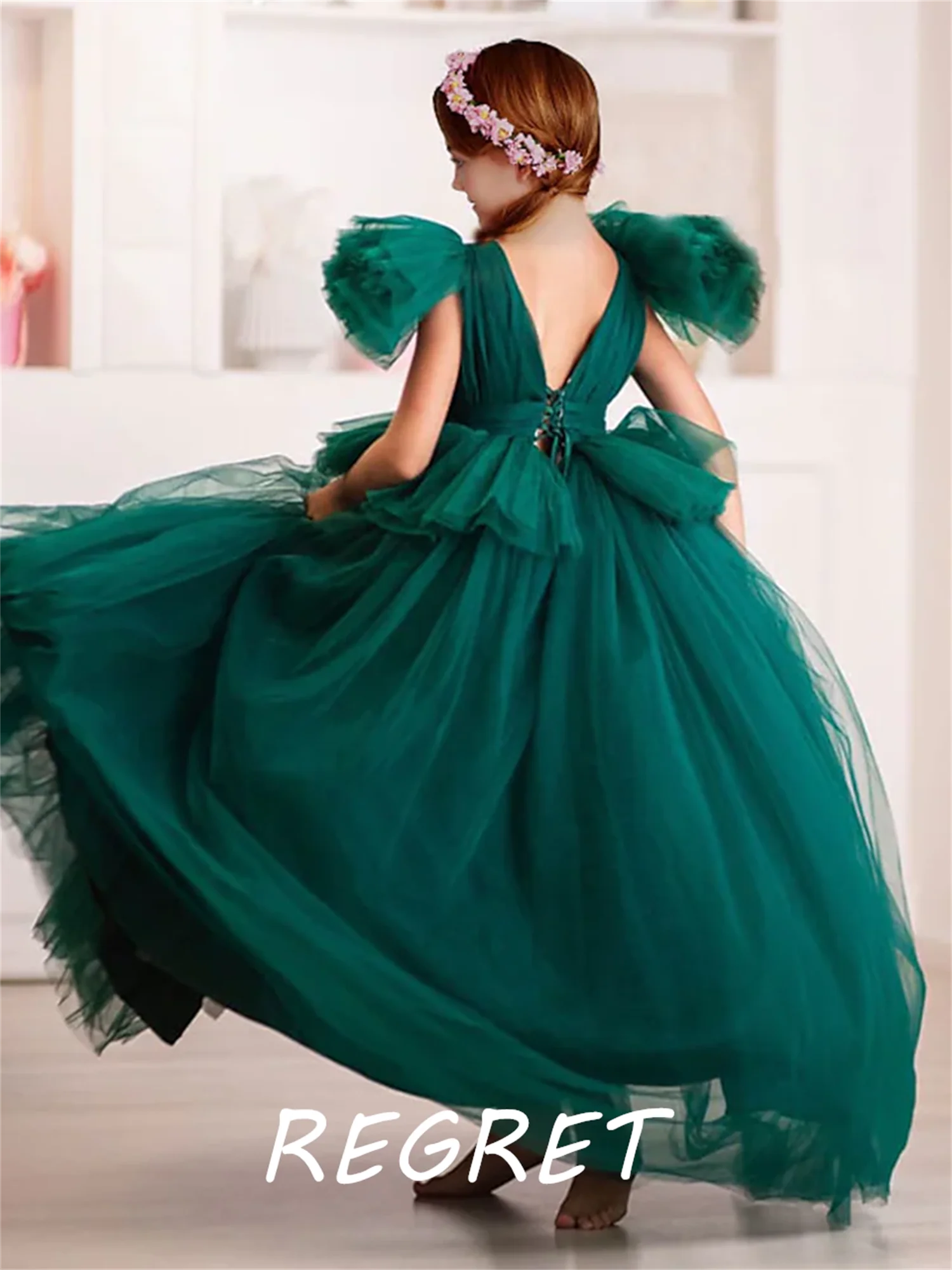 

Green Flower Girl Dresses For Weddings 2022 Elegant Princess Short Sleeves Kids Birthday Party Dress Pageant Vestidos De Novia