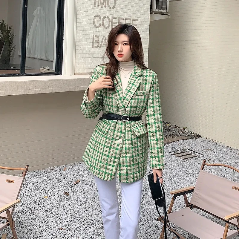 

Fashion Tweed Houndstooth Green Blazers Jacket Women Coat Loose 2023 Spring Autumn New Korean Suit Collar Casual Female Outwear