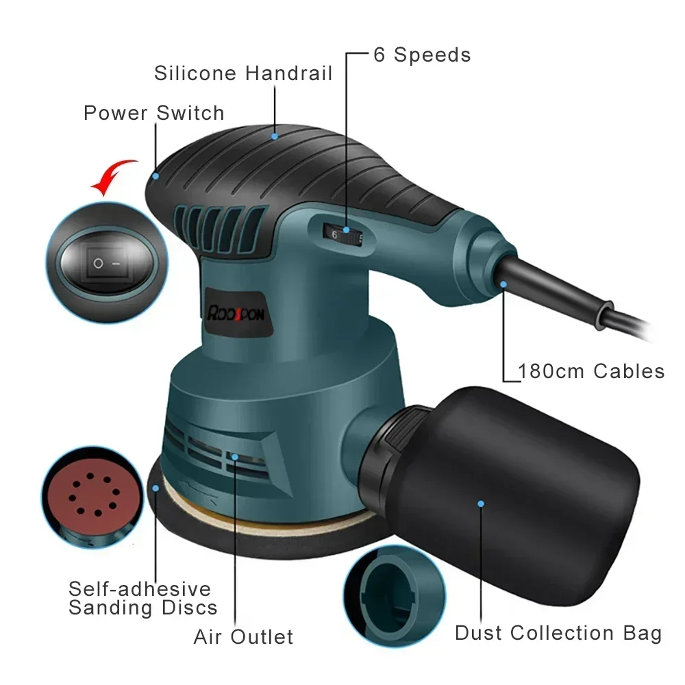 300W Electric Sander Machine Random Orbital Polisher 110V&220V Variable Speed Sander with 125mm Sandpaper Car Polishing Machine 3