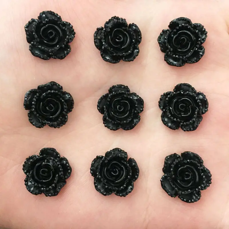 40Pcs 14mm 수지 블랙 로즈 플랫 백 꽃 돌 보석 스크랩북 웨딩 장식품 Applique 공예 DIY SD737