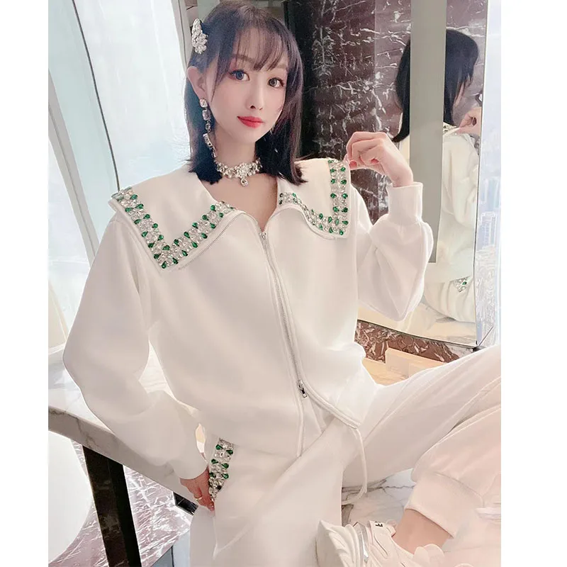 Sports Suit Women's Autumn New Sweet Hoodie Set Heavy Industry Rhinestone Doll Collar Sweatshirts Casual Pants Two-Piece Outfits