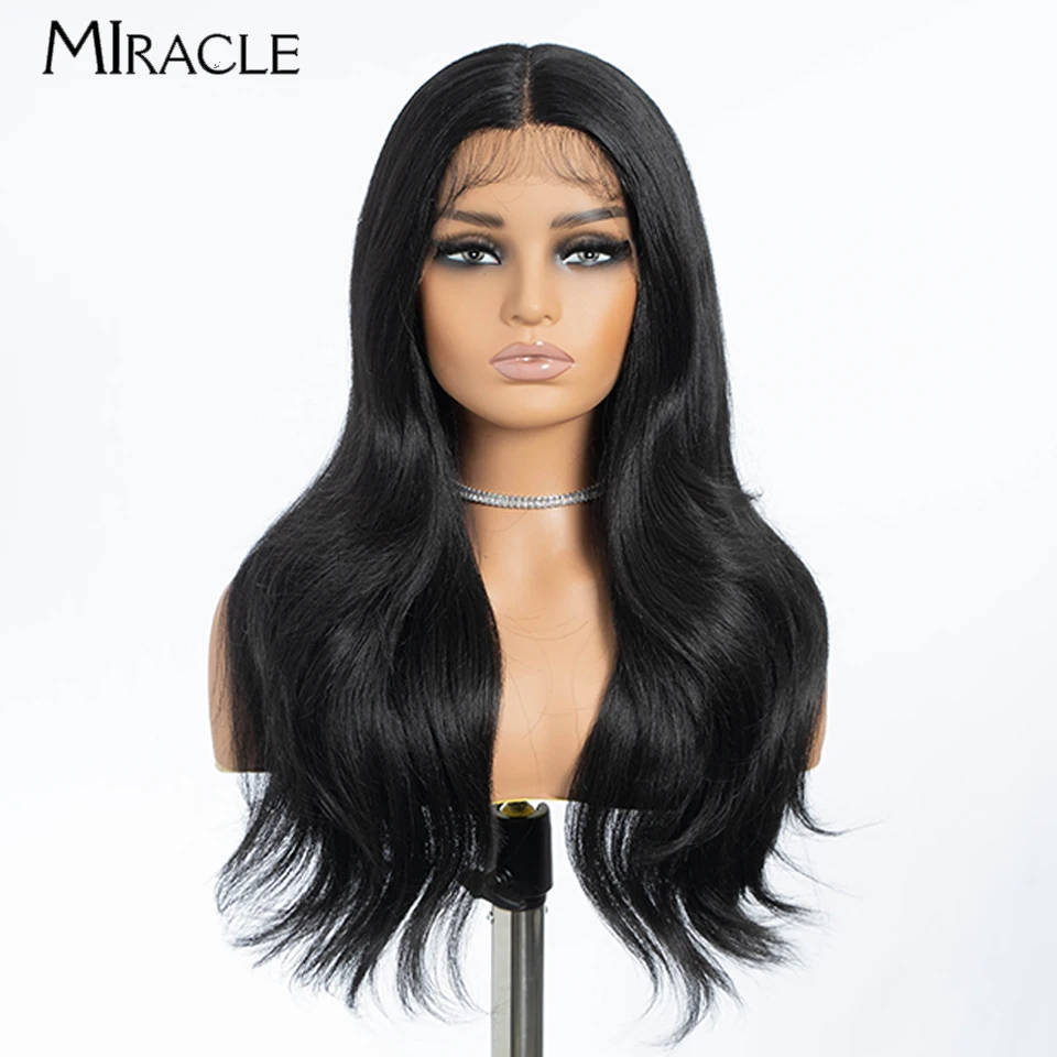 MIRACLE 24'' Deep Wave Synthetic Lace Front Wig for Women Daily Cosplay Wig Black Ombre Blonde Wigs Lace Frontal Wig Fake Hair