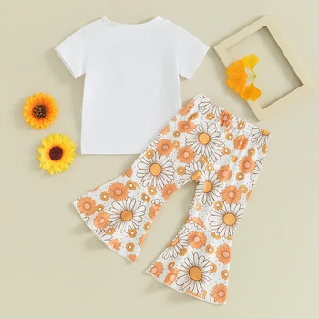 Toddler Kids Baby Girls Summer Clothes Letter Floral Print Short Sleeve T-shirts+Flare Pants Children Holiday Beach Clothing 3