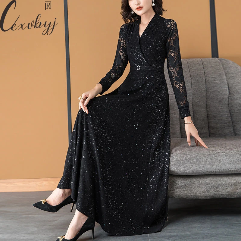 

Women Sexy Bright Silk Long Dress With Belt Korean Style V-Neck Lace Patchwork Party Dress Spring Autumn Bodycon Vestidos Loose