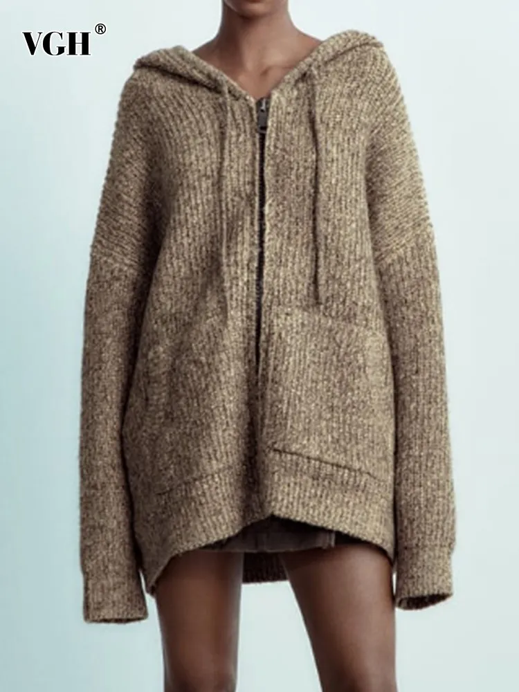 

VGH Patchwork Drawstring Casual Knitting Sweaters For Women Hooded Long Sleeve Spliced Zipper Solid Minimalist Sweater Female