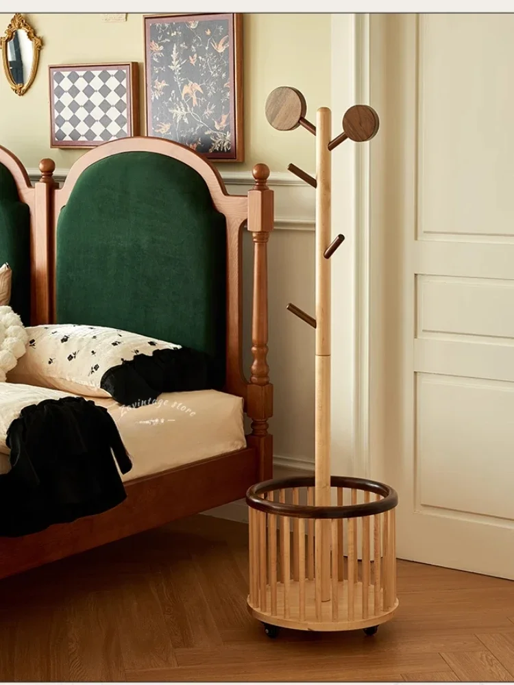 French retro solid wood children's coat rack floor-to-ceiling movable small apartment bedroom living room