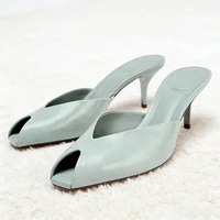 Sexy Peep Toe Design Brand High Heel Slippers Women High Quality Patent Leather Thin Heel Slide Sandals Fashion Party Dress Shoe