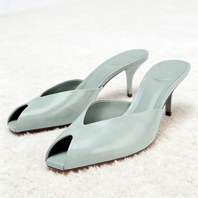 Sexy Peep Toe Design Brand High Heel Slippers Women High Quality Patent Leather Thin Heel Slide Sandals Fashion Party Dress Shoe