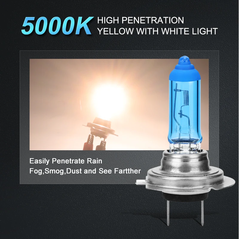 2x 100W H1 H7 H4 H8 H11 9005 HB3 9006 HB4 Car Halogen Fog Light HeadLight DRL HOD Lamp 5000K Dark Blue Glass Replacement Bulb 5