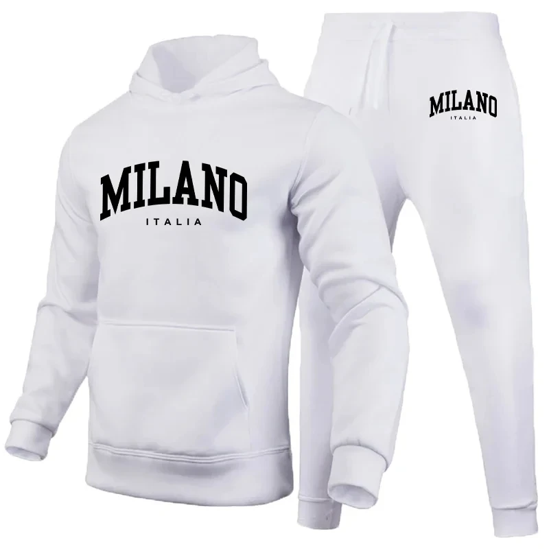 Men's Luxury Hoodie Set Milano Print Sweatshirt Sweatpant for Male Hooded Tops Jogging Trousers Suit Casual Streetwear Tracksuit 6