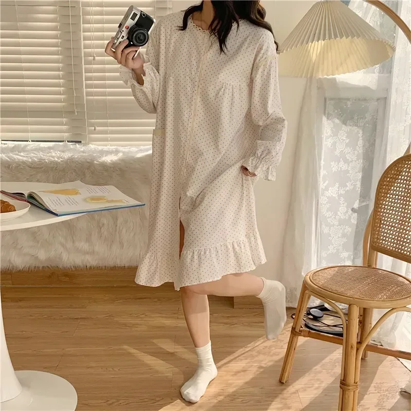 

ins Sanding Long Pure Nightgown Ruffles Polka Lacework cotton Breasted Cute Women Cardigan Dot Sleeve Single Homewear Dress