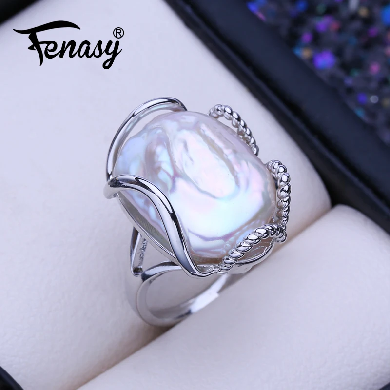 FENASY Natural Freshwater 12-16mm Big Baroque Pearl 925 Sterling Silver Rings For Women Bridal Wedding Jewelry Birthday Gift