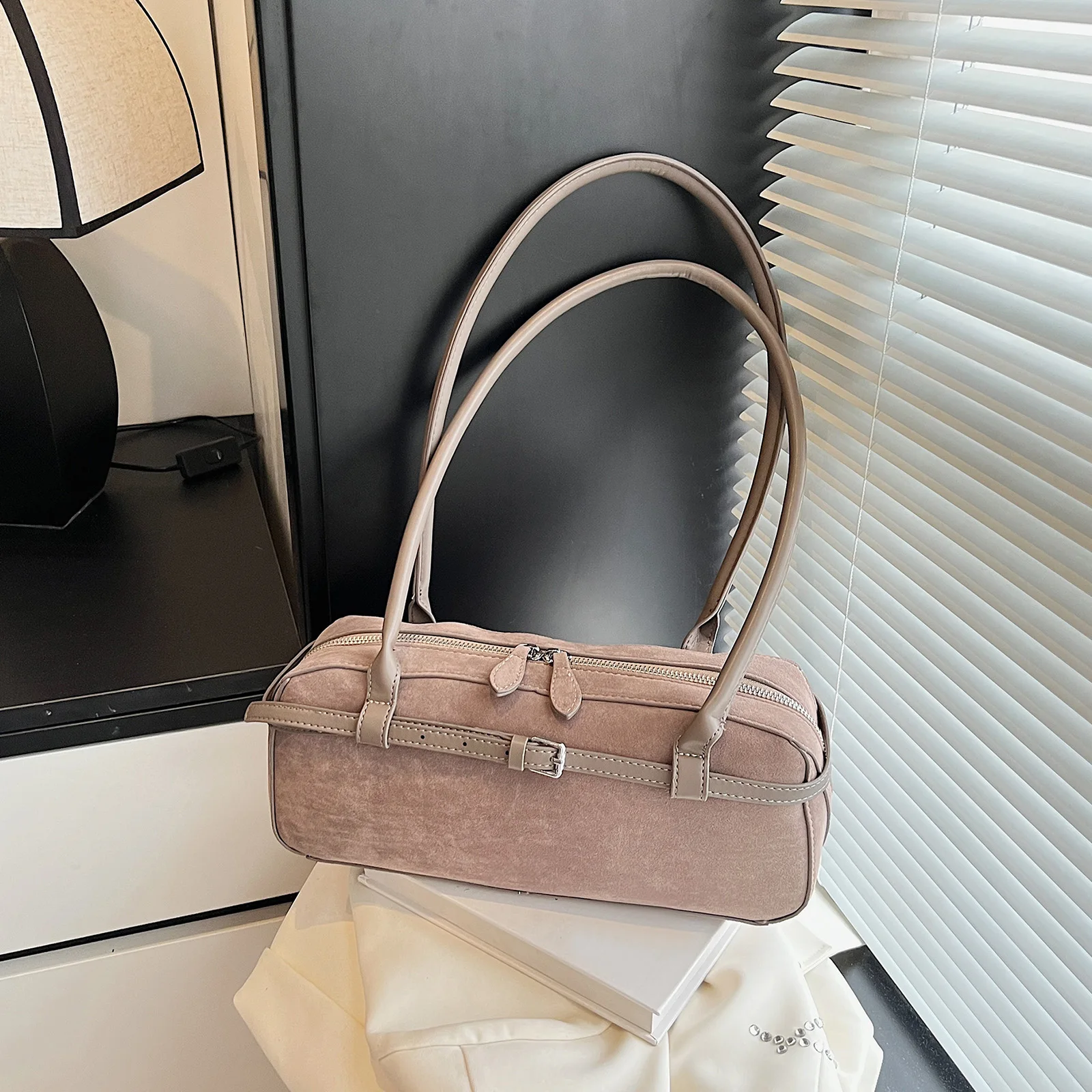 Faux Suede Casual Handbag Solid Color Versatile Shoulder Bag Large Capacity Elegant Boston Bag Women Commute Bag