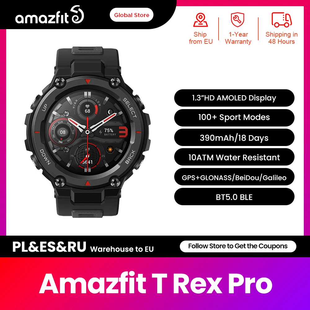 Amazfit 티렉스 트렉스 프로 티렉스 GPS 방수 스마트워치, 야외용 18 일 배터리 수명 390mAh 스마트워치, 안드로이드 iOS 휴대폰용
