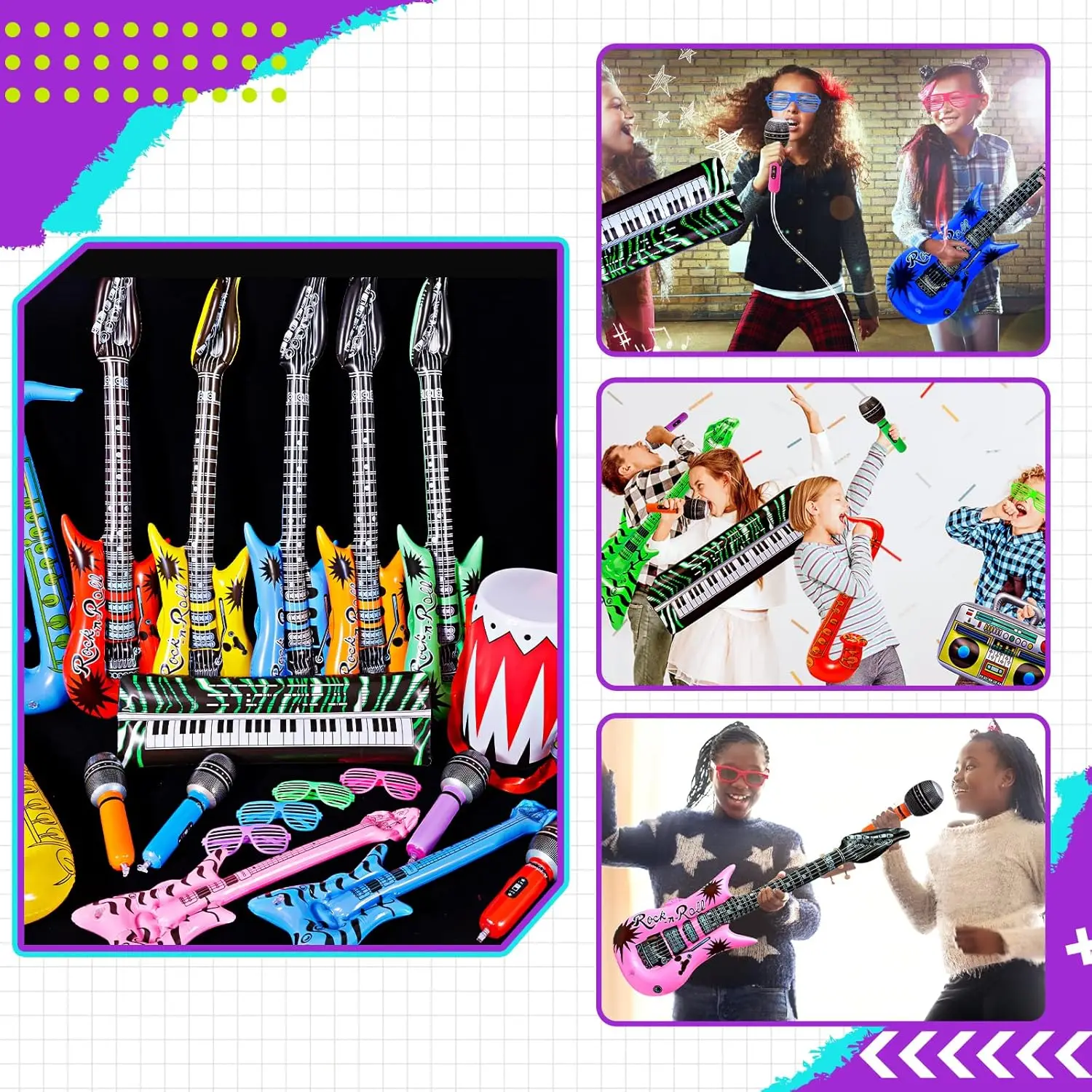 Inflatable Rock Star Toy Inflatable Boom Box Mobile Phone Guitar Bass for 80's 90's Party Decorations Rock & Roll Party Supplies