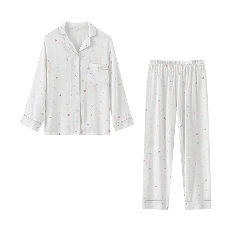 

New Rayon Satin Pajamas for Women Long-sleeved White Letters Simple Home Clothes Viscose Print Long Pants Suit Two Piece Set