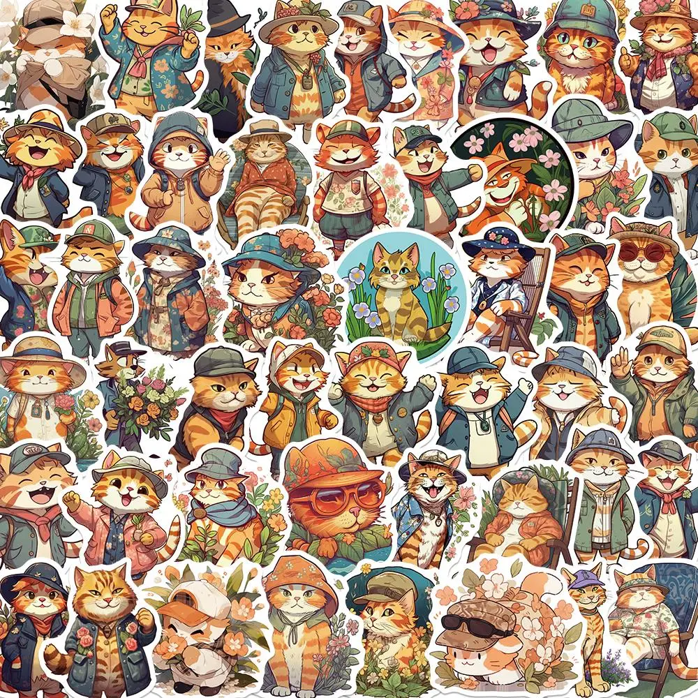 

10/25/50PCS Cartoon Cool Orange Cat With Hat Sticker Cool DIY Girls Graffiti Water Botton Guitar Diary Vinyl Kids DIY Toy Decal